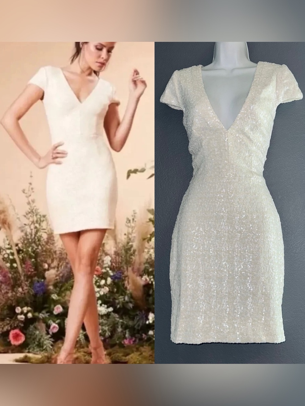 Dress the Population Ivory Sequin V-Neck Cap Sleeve Mini Dress